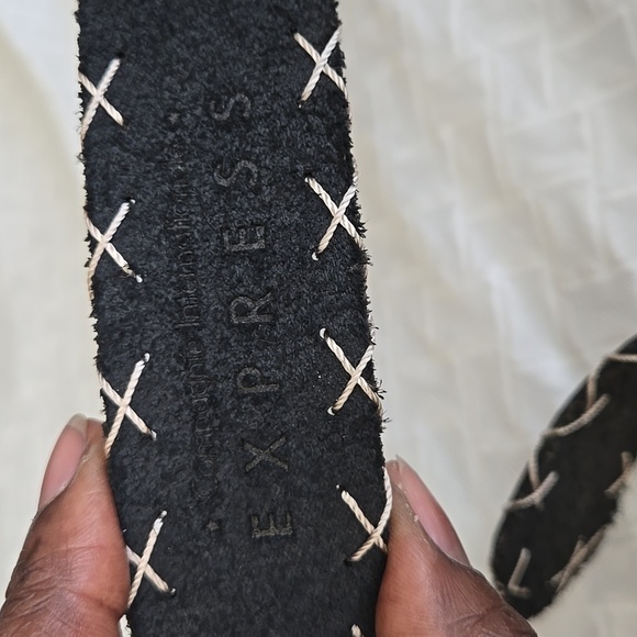 Express Black Genuine Leather Belt with Off White Cross Stitching Size M - Picture 6 of 7